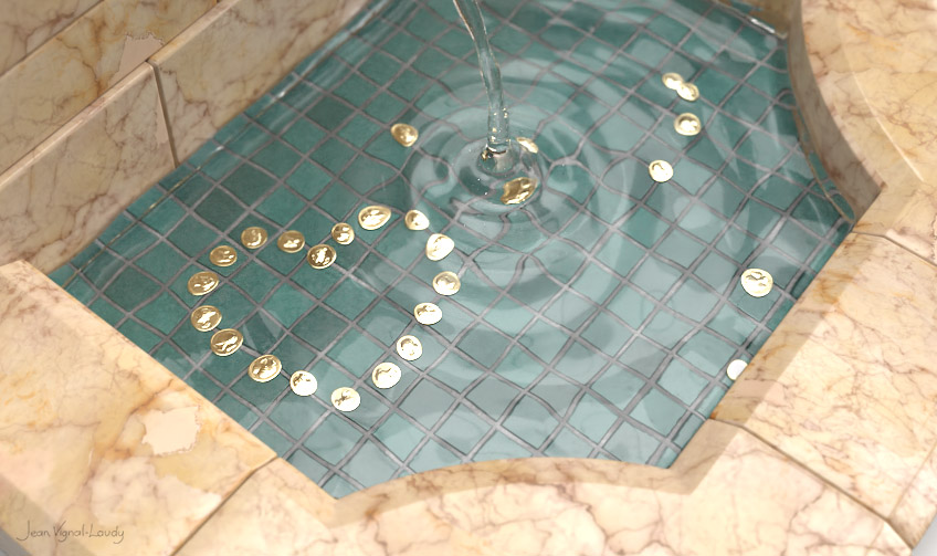 An artwork of a wish fountain with gold coins forming a heart